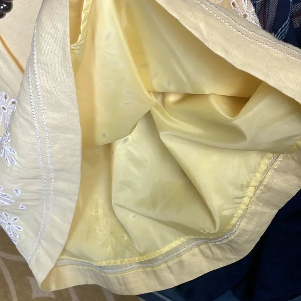Peck & Peck Petite yellow 100% linen embroidered drop waist A-Line Midi skirt - Picture 7 of 14